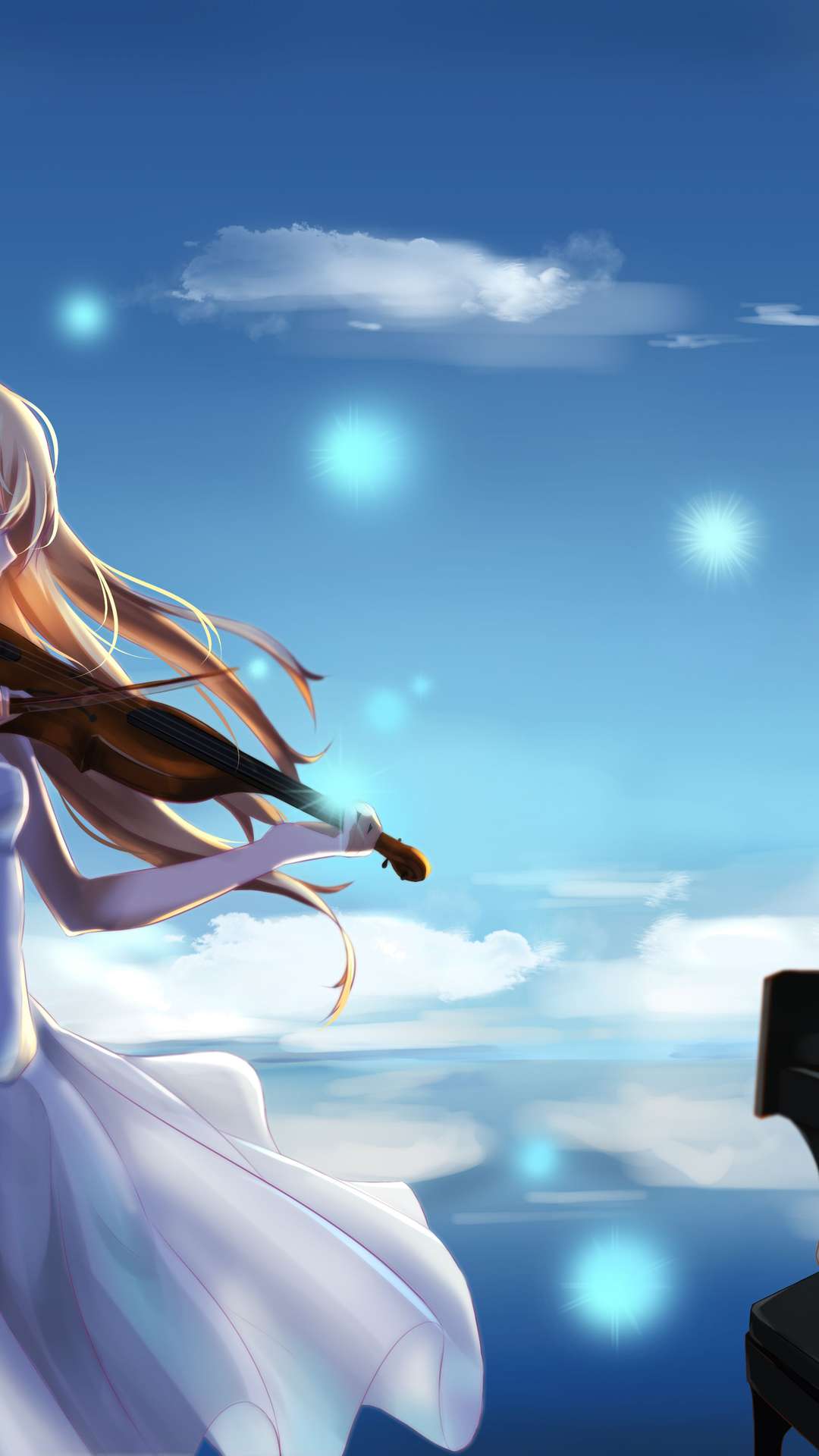 Wallpaper the sky, petals, pair, Shigatsu wa Kimi no Uso, Your April lie  for mobile and desktop, section сёдзё, resolution 1920x1080 - download